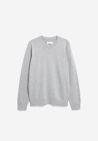 Front flatlay of the ARMEDANGELS Canada Loukaa Knit Sweater in silver melange on a light grey background.