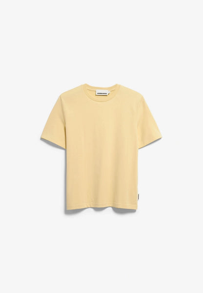 Front flatlay view of ARMEDANGELS Canada Lualaa T-Shirt in Golden Hay on a light grey background.