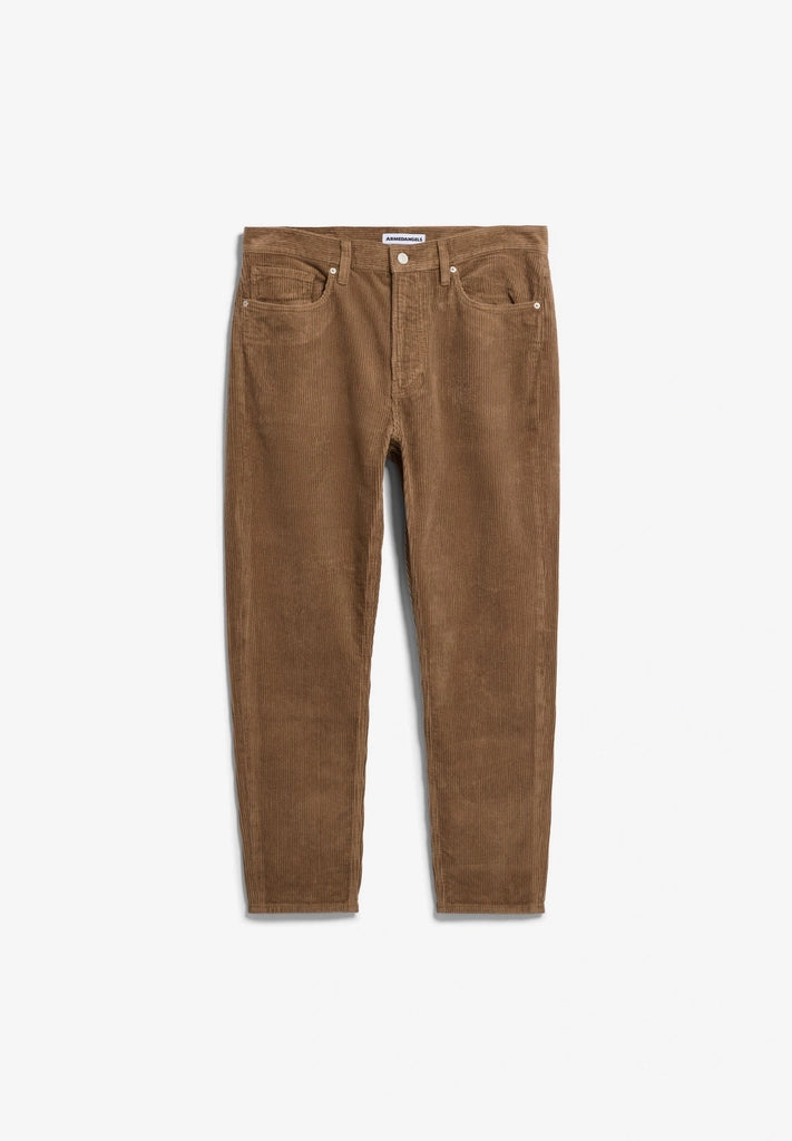 Front flatlay view of ARMEDANGELS Canada Maakx Cord Trousers in Amberwood corduroy on a light grey background.