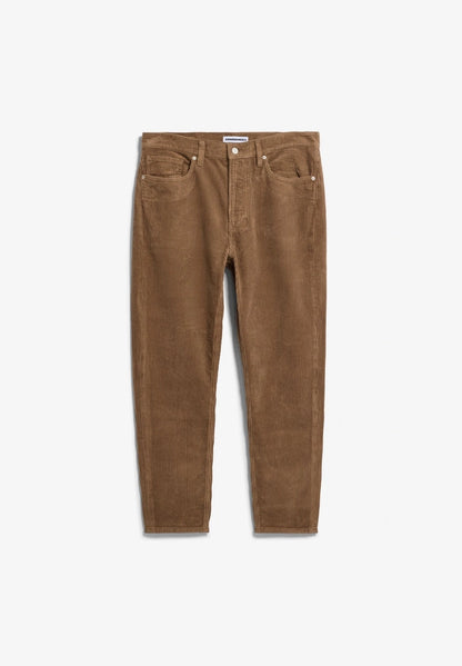 Front flatlay view of ARMEDANGELS Canada Maakx Cord Trousers in Amberwood corduroy on a light grey background.