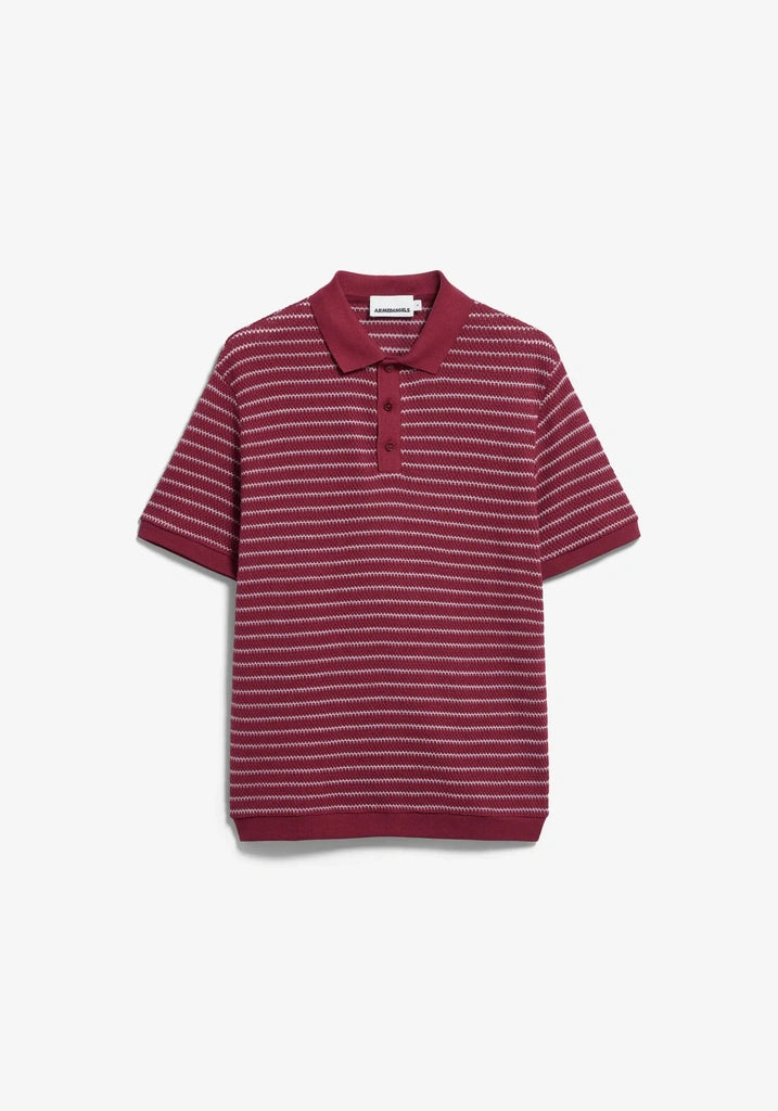 Red and white striped polo shirt on a light gray background