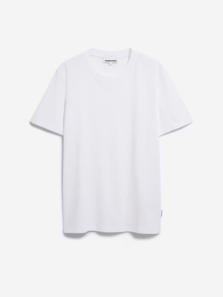 Front flatlay of the ARMEDANGELS Canada Maarkos Heavy Weight T-Shirt in white on a light grey background.