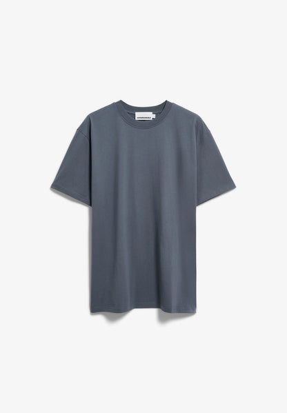 Front flatlay of the ARMEDANGELS Canada Maarkos Mid Weight T-Shirt in moonshadow on a light grey background.
