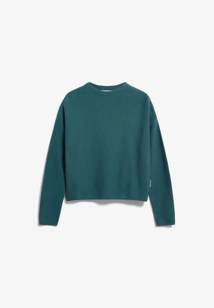 Flat lay of the ARMEDANGELS Canada Merinaa Links Links Knitted Sweater in Petrol Velvet teal on a light grey background.