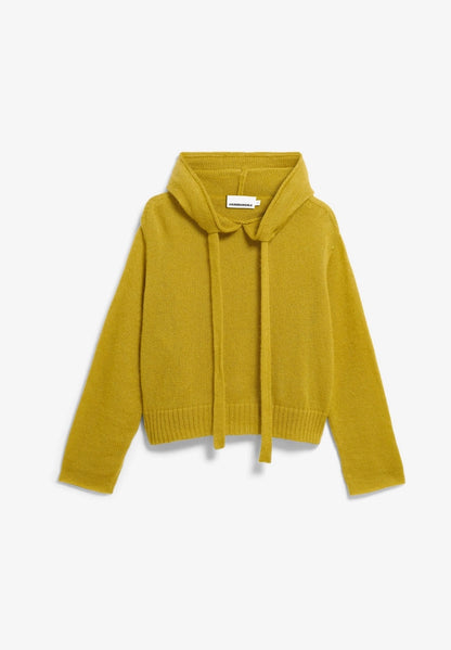 Front flatlay view of ARMEDANGELS Canada Mohair-Blend Knitted Hoodie in Mosslace with hood and tie cords, on a white background.