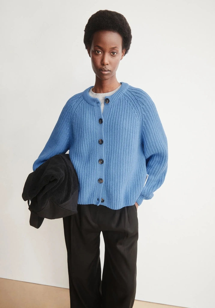 A model wearing a light blue ribbed knit cardigan with dark buttons, paired with black trousers and holding a black jacket, set against a plain off-white studio background.