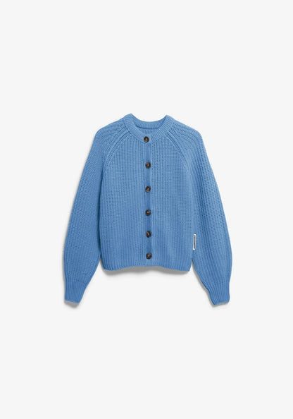 Blue ribbed sweater with brown buttons on a light gray background