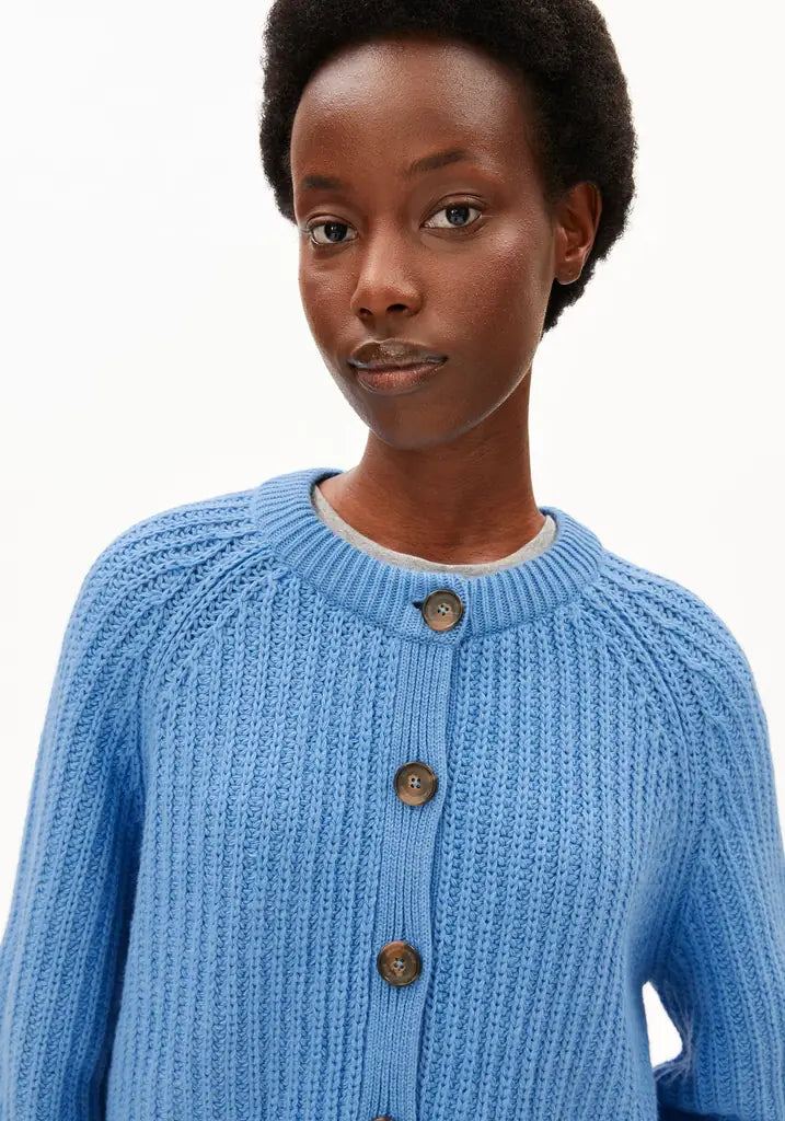 A close-up shot of a model wearing a light blue ribbed knit cardigan sweater with brown buttons, set against a plain white background.