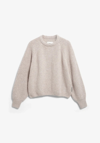 A beige ribbed knit crewneck sweater with long sleeves, displayed flat against a clean white background.