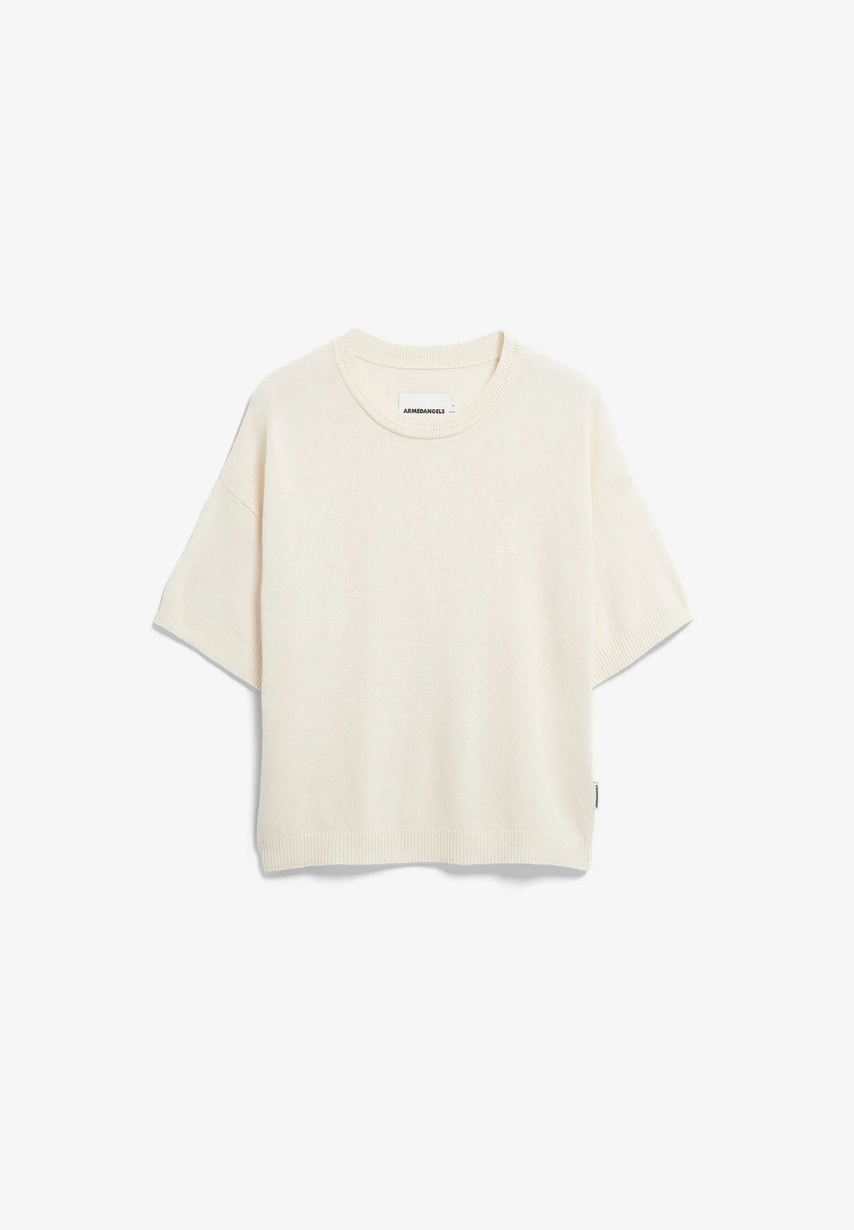 Front flatlay of the ARMEDANGELS Canada Short Sleeve Linen Blend Knit Sweater in undyed cream on a light grey background.