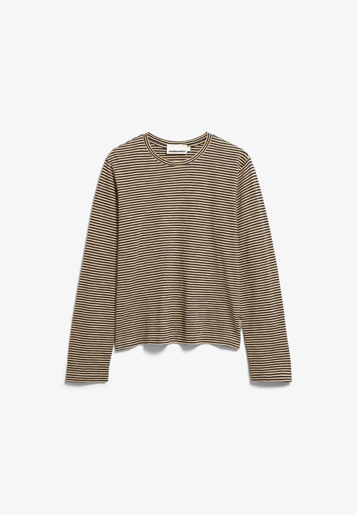 Front flatlay view of ARMEDANGELS Canada Slub Jersey Striped Longsleeve Shirt in Tinted Navy-Golden Hay on a light grey background.