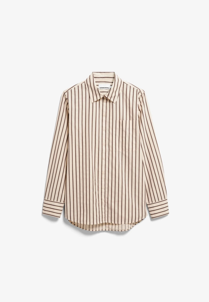 Front flatlay view of ARMEDANGELS Canada Striped Wide Blouse in Oatmilk-Claystone on a light grey background.