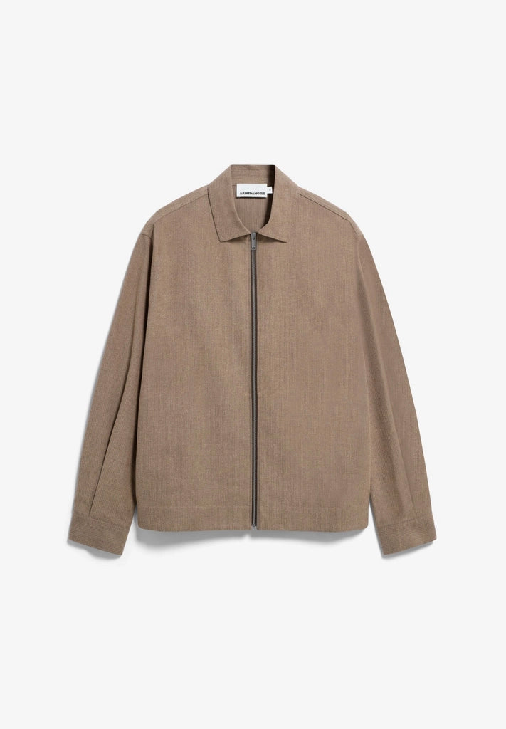 Front flatlay view of ARMEDANGELS Canada Structured Jacket in Honey Reed with the zip closed, on a white background.