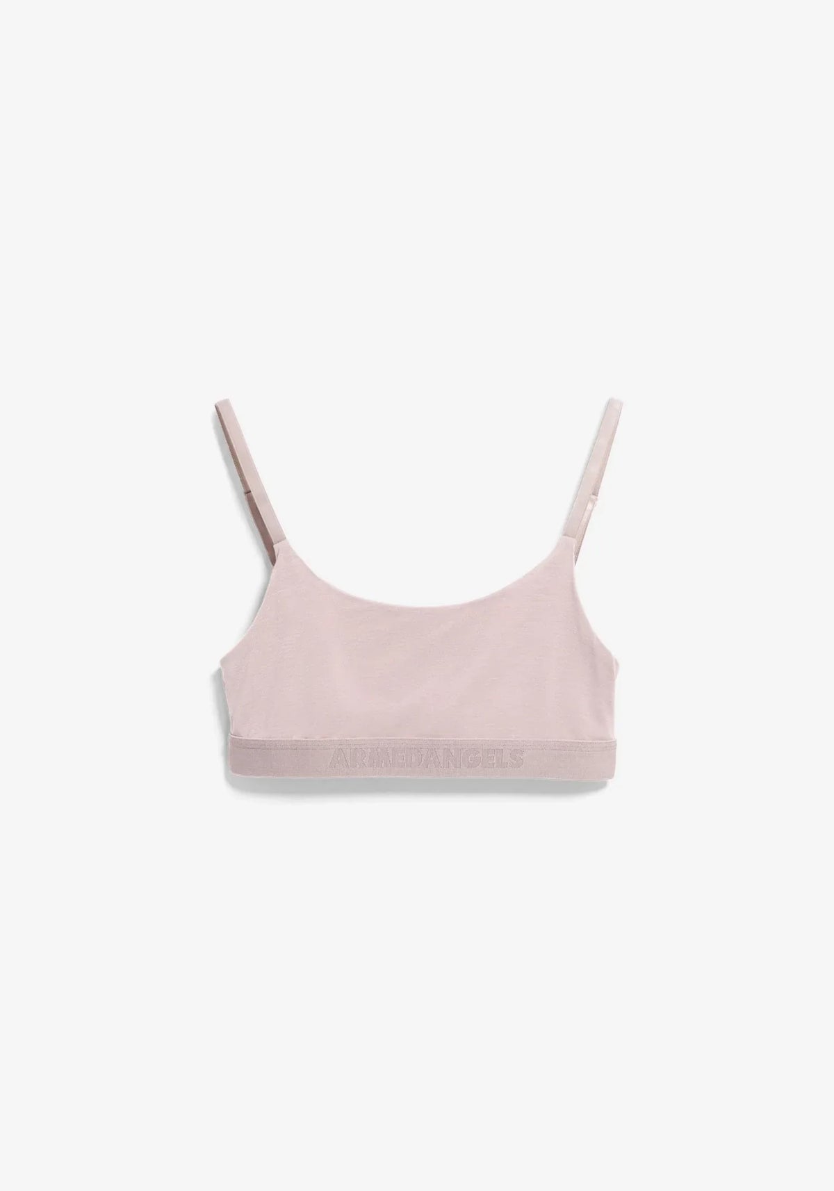 A light pink seamless bralette with thin adjustable shoulder straps and a wide, comfortable underband, shown flat against a clean white background.