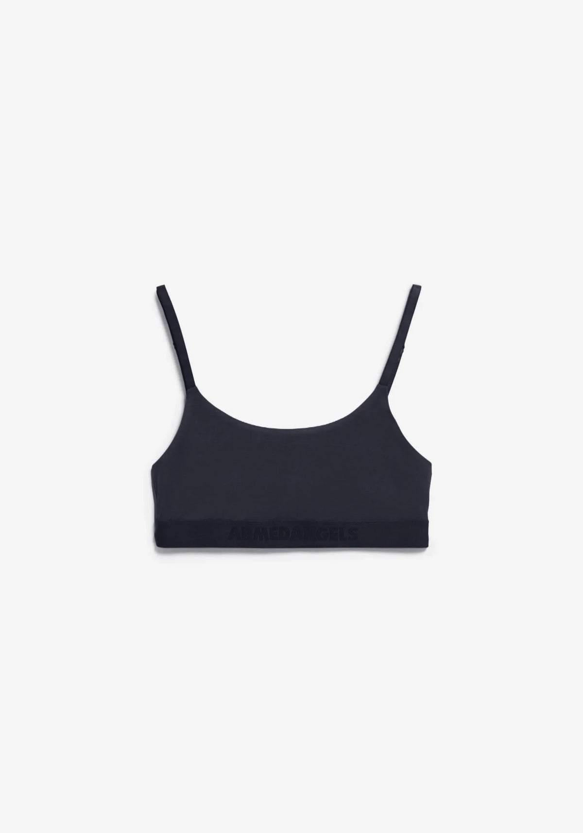 A dark navy bralette with thin shoulder straps, displayed flat against a clean white background.