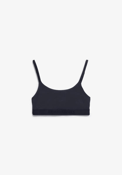 A dark navy bralette with thin shoulder straps, displayed flat against a clean white background.
