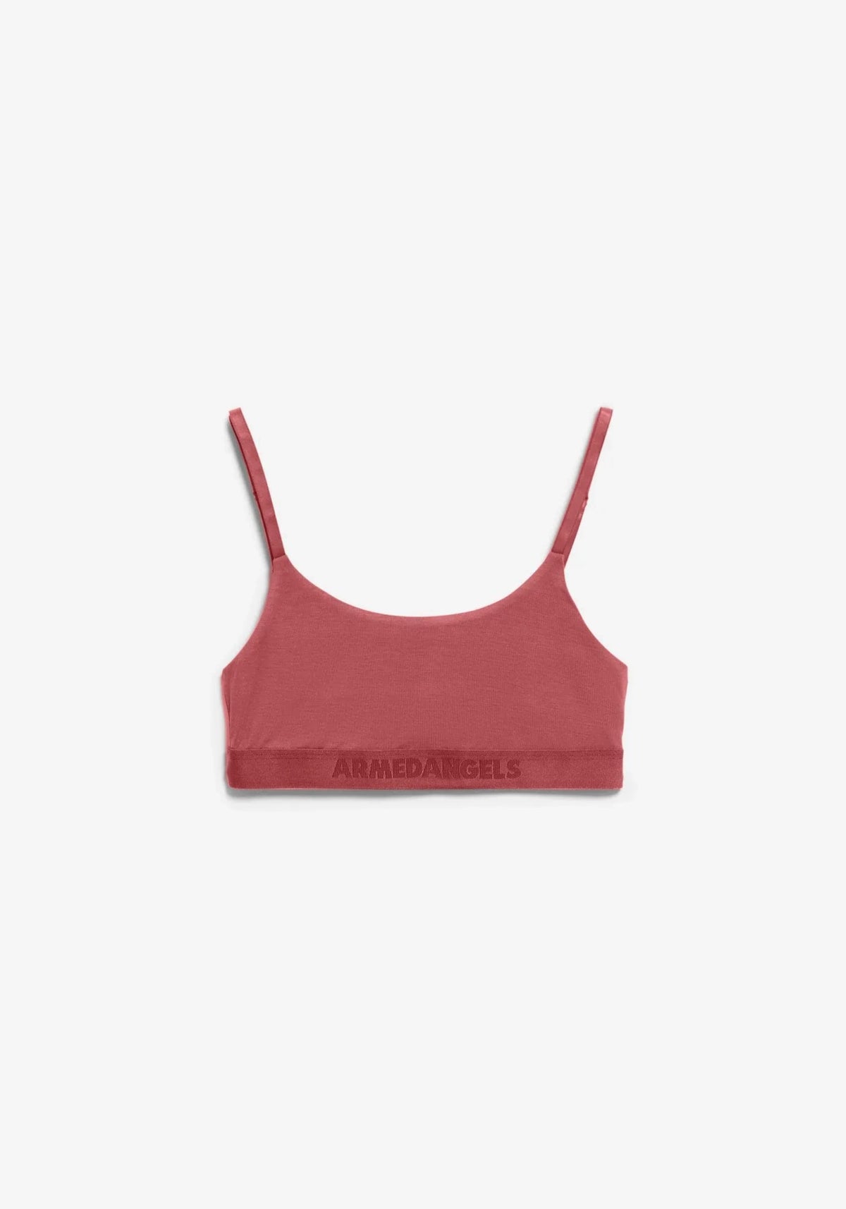 A dusty rose pink bralette with thin spaghetti straps and 'ARMED ANGELS' printed in tonal black across the underband, shown flat on a light gray background.