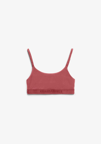 A dusty rose pink bralette with thin spaghetti straps and 'ARMED ANGELS' printed in tonal black across the underband, shown flat on a light gray background.