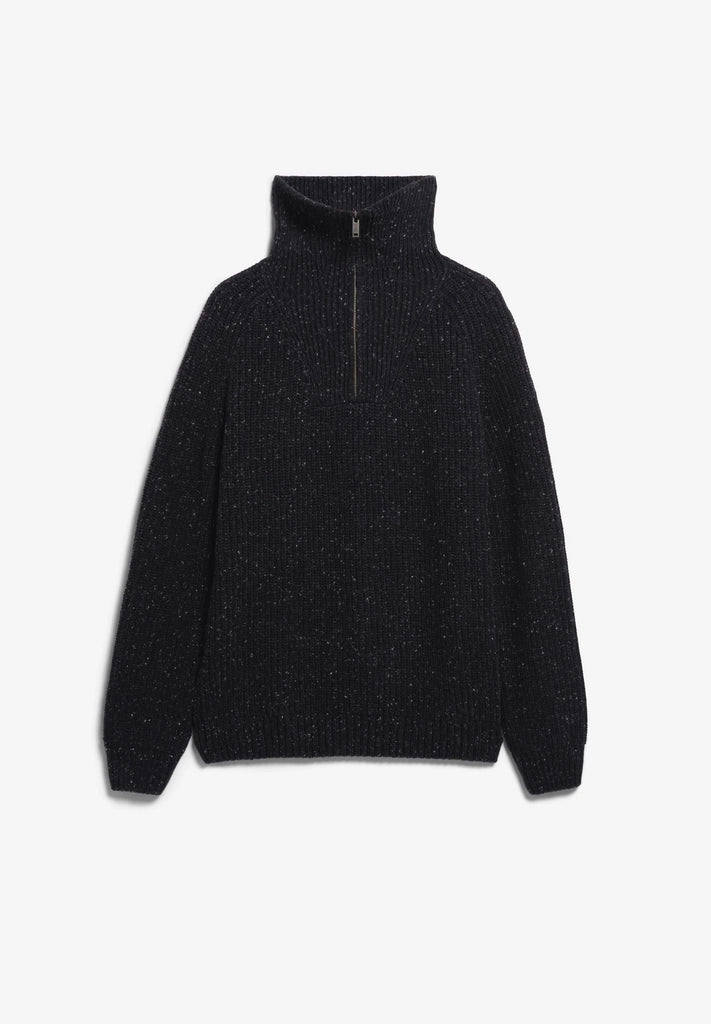 Flat lay of the ARMEDANGELS Canada Tweed Knit Half-Zip Sweater in black on a light grey background.