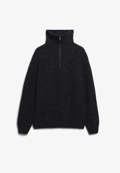 Flat lay of the ARMEDANGELS Canada Tweed Knit Half-Zip Sweater in black on a light grey background.