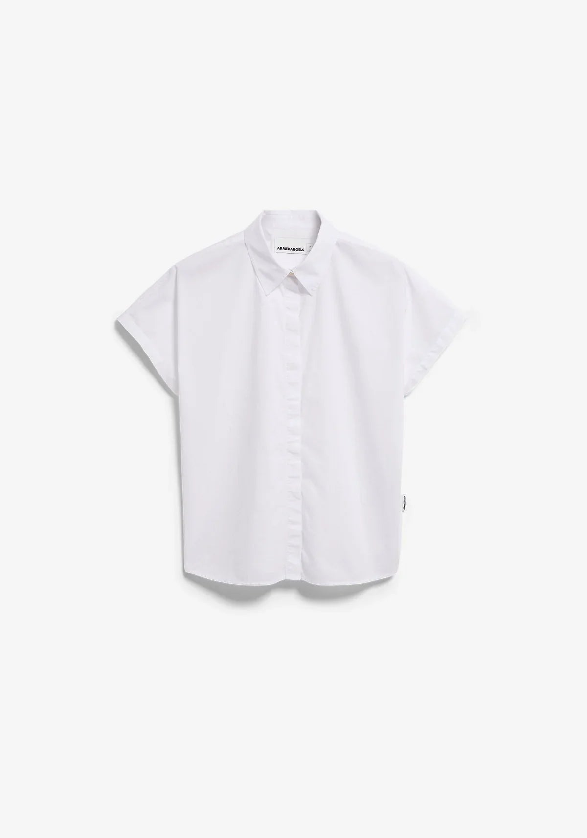 Full flat lay of ARMEDANGELS Canada white poplin collared shirt against a white background