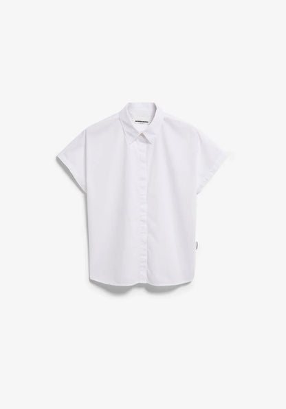 Full flat lay of ARMEDANGELS Canada white poplin collared shirt against a white background