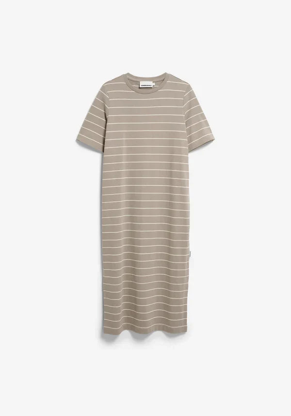 Flat lay of ARMEDANGELS Canada long light brown striped t-shirt dress with white background