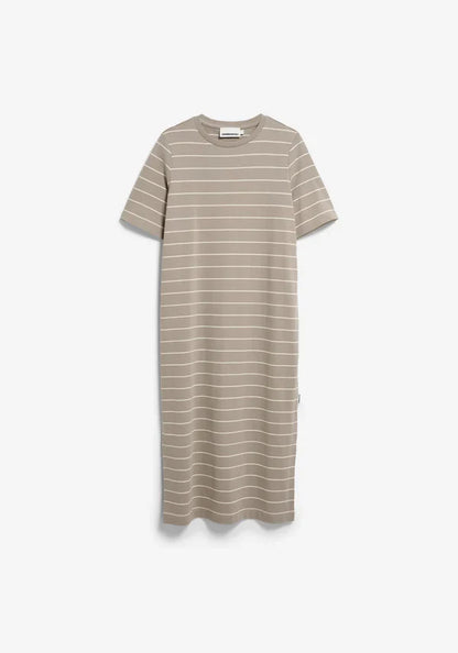 Flat lay of ARMEDANGELS Canada long light brown striped t-shirt dress with white background