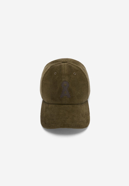 Front flatlay view of ARMEDANGELS Canada Yenaas Cord Cap in Dark Earth corduroy with a tonal embroidered logo, on a light grey background.