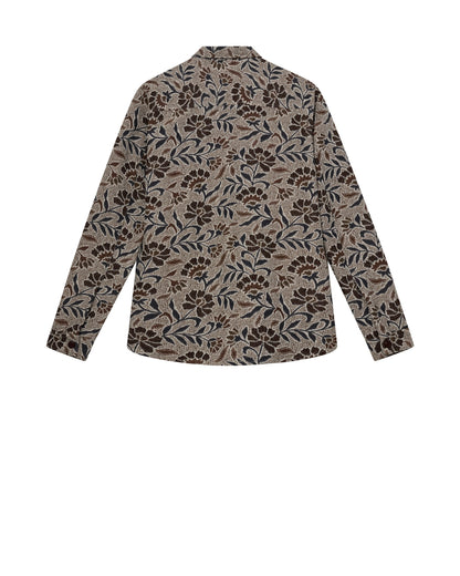 Mos Mosh Gallery organic men's overshirt in beige with brown and navy floral leaf print long sleeve back view in Kelowna