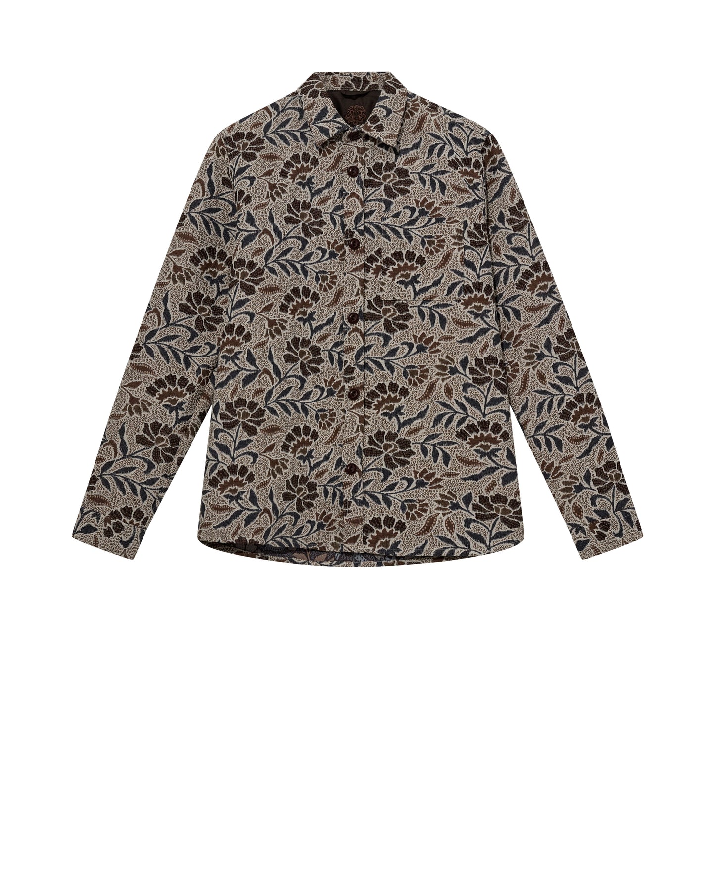 Mos Mosh Gallery organic men's overshirt with brown and navy floral print long sleeve shirt in Kelowna