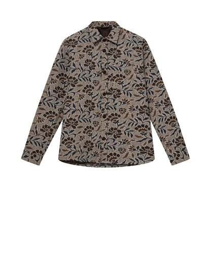 Mos Mosh Gallery organic men's overshirt with brown and navy floral print long sleeve shirt in Kelowna