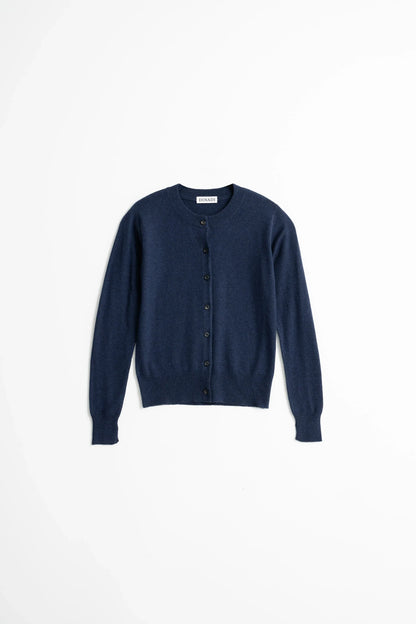 Navy blue merino wool cardigan from Dinadi with button closure and long sleeves in Kelowna