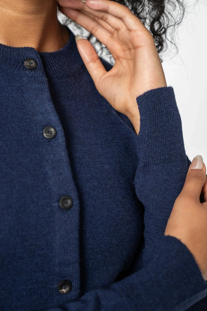 Dinadi navy merino wool cardigan with button closures and soft texture for comfort in Kelowna