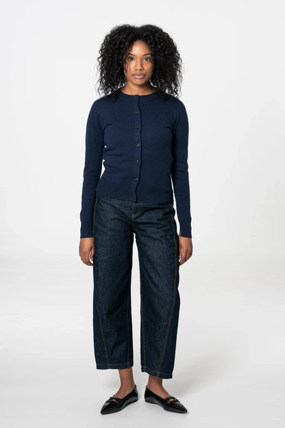 Dinadi women's merino wool cardigan in navy, featuring a button front and a comfortable fit in Kelowna