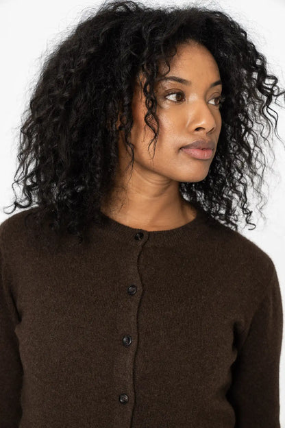 Stylish dark brown cardigan from Dinadi, featuring a button-up front and soft fabric in Kelowna and Canada