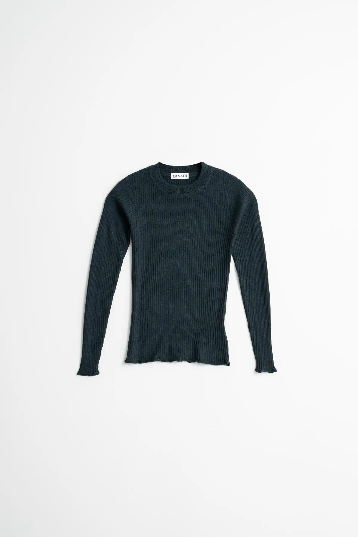 A dark green ribbed knit long-sleeve sweater, displayed flat against a clean white background.
