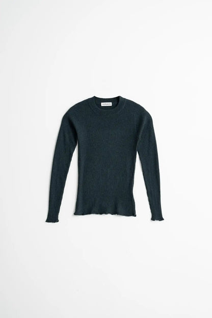 A dark green ribbed knit long-sleeve sweater, displayed flat against a clean white background.