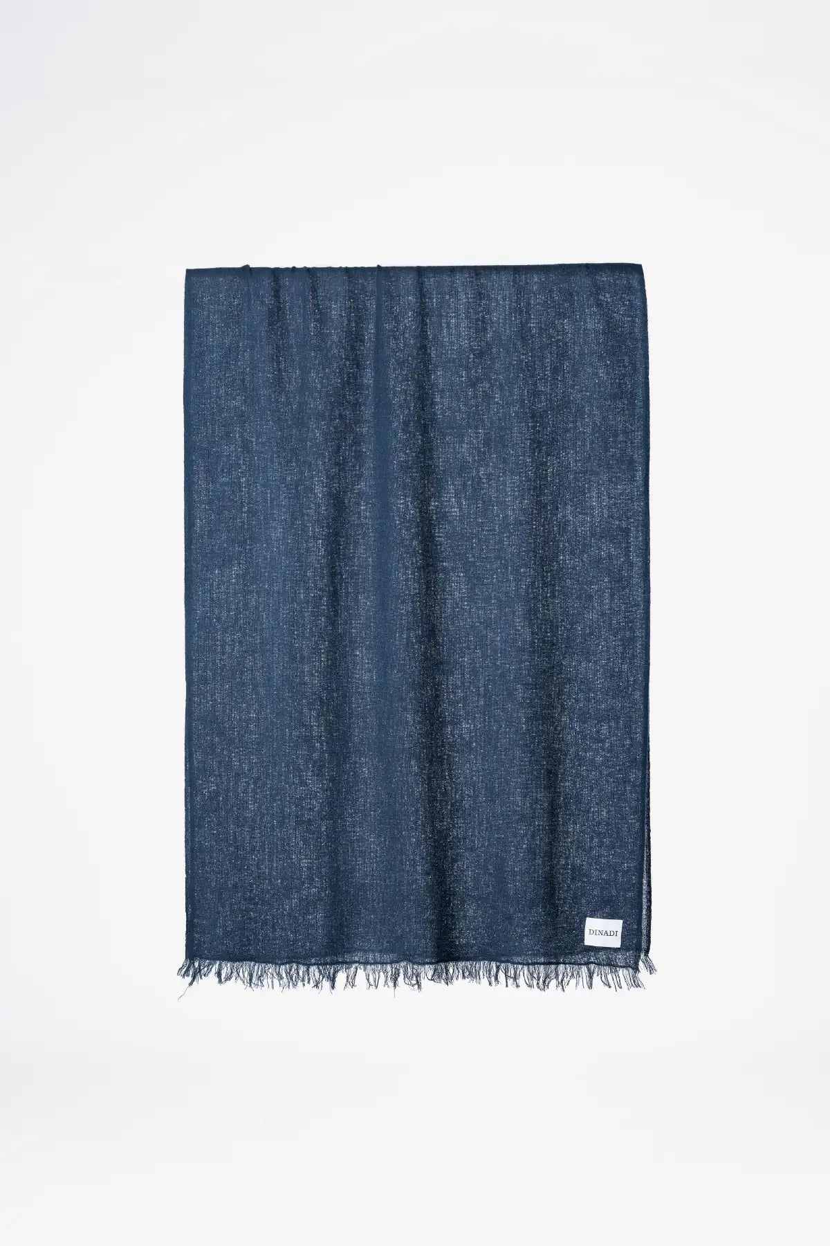 A dark blue textured scarf with fringed edges, displayed flat against a clean white background.