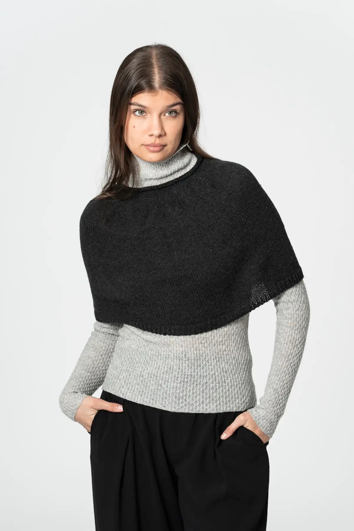 Dinadi Stylish Black Poncho Perfect for Layering Over Sweaters and Cardigans in Kelowna and Canada