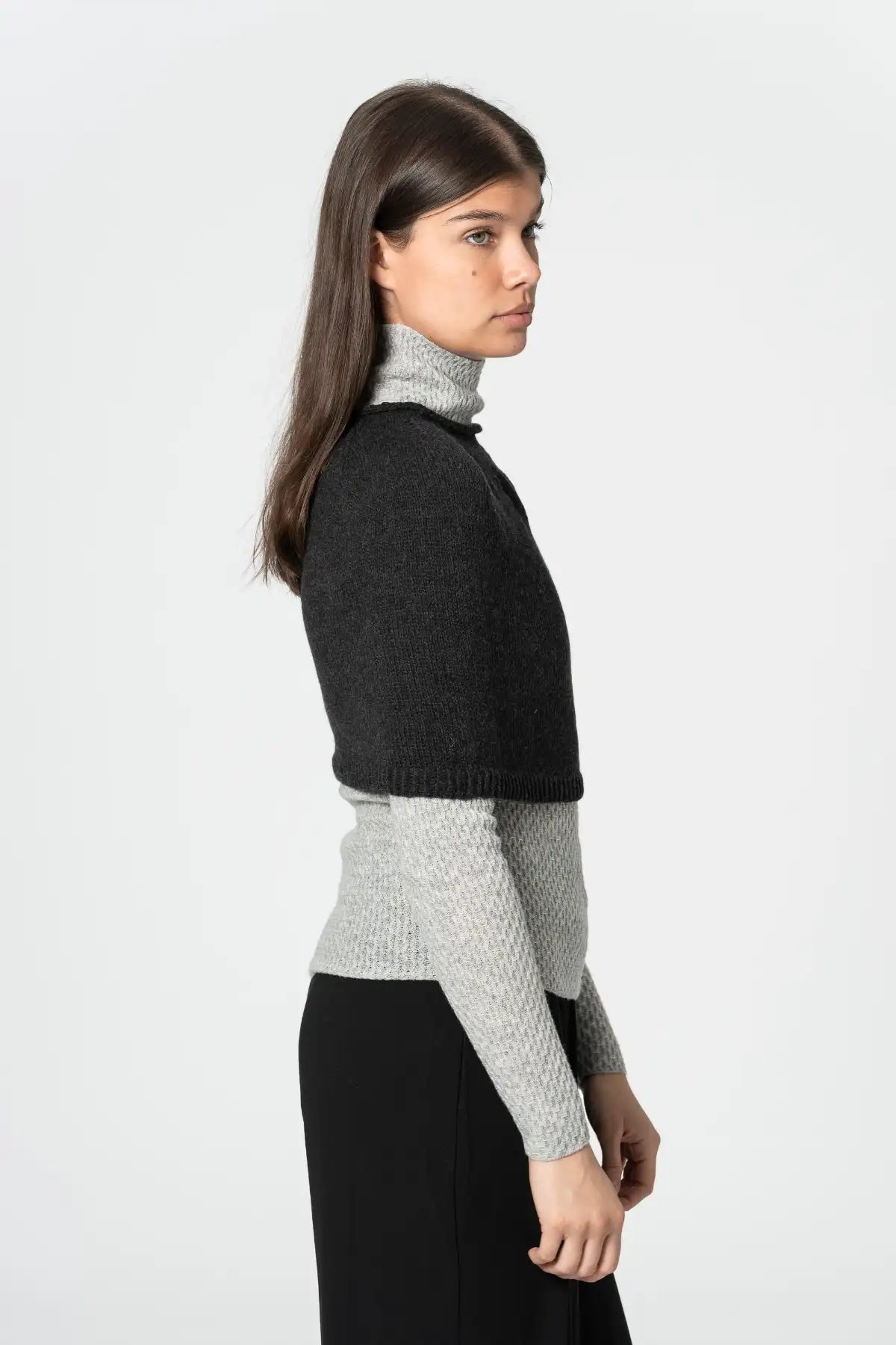 Dinadi Grey and Black Poncho Sweater with Turtleneck Design for Stylish Layering in Kelowna and Canada