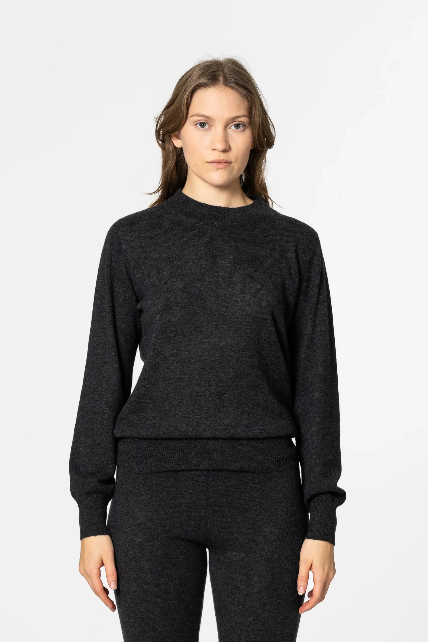 Dinadi women's merino wool sweater in dark gray with a classic fit and soft texture in Kelowna and Canada