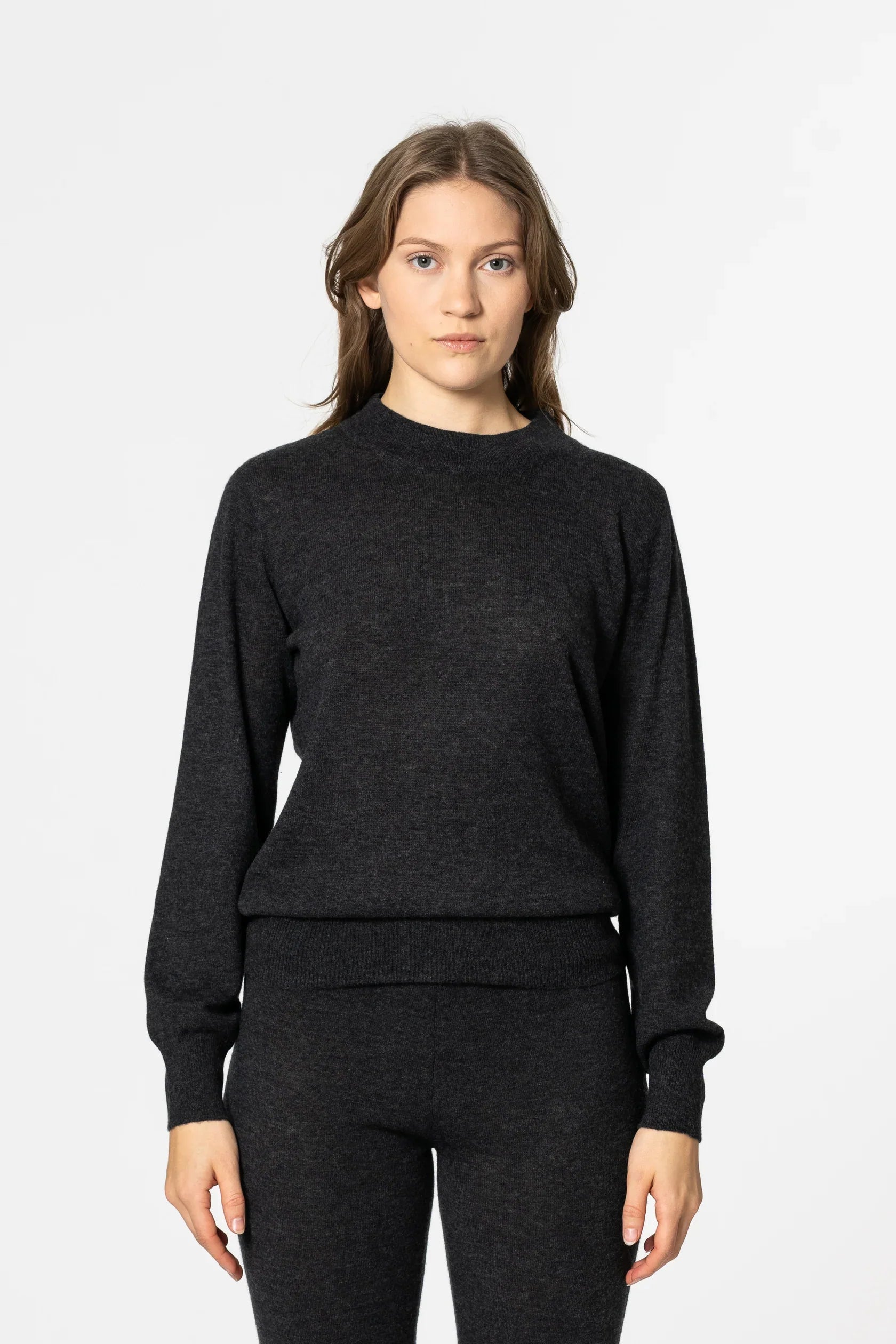 Dinadi women's merino wool sweater in dark gray with a classic fit and soft texture in Kelowna and Canada