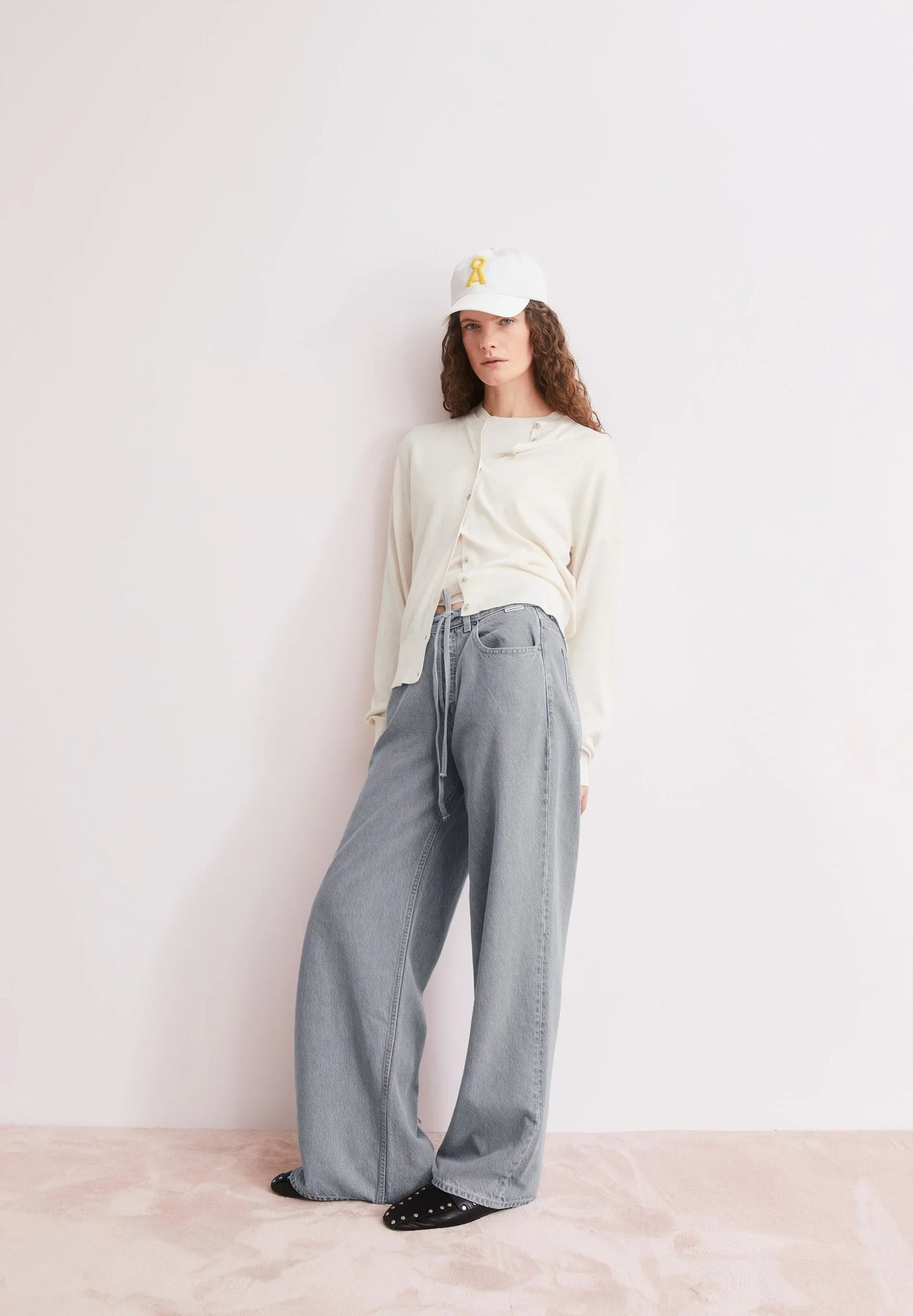 ARMEDANGELS Canada - FINE Knit Cardigan in Oatmilk styled with blue jeans and a baseball cap on model