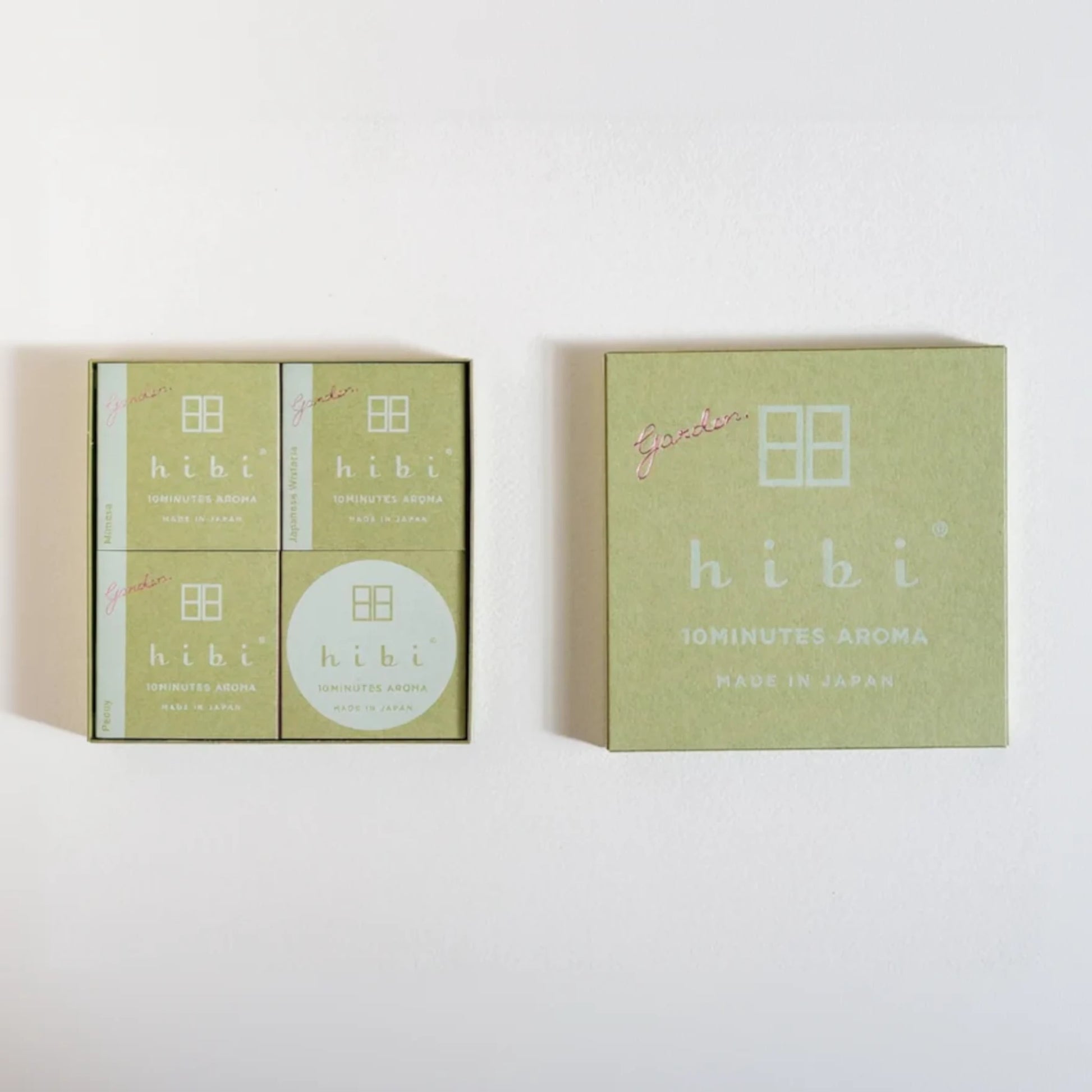 Two green boxes of 'hibi' Iominutes Aroma on a white background
