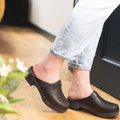 Elsa Classic Black Leather Clogs on Black Base
