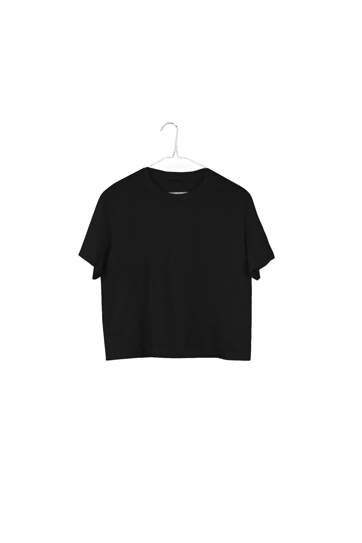 A black short-sleeve crop top t-shirt hanging on a white wire hanger against a solid white background.