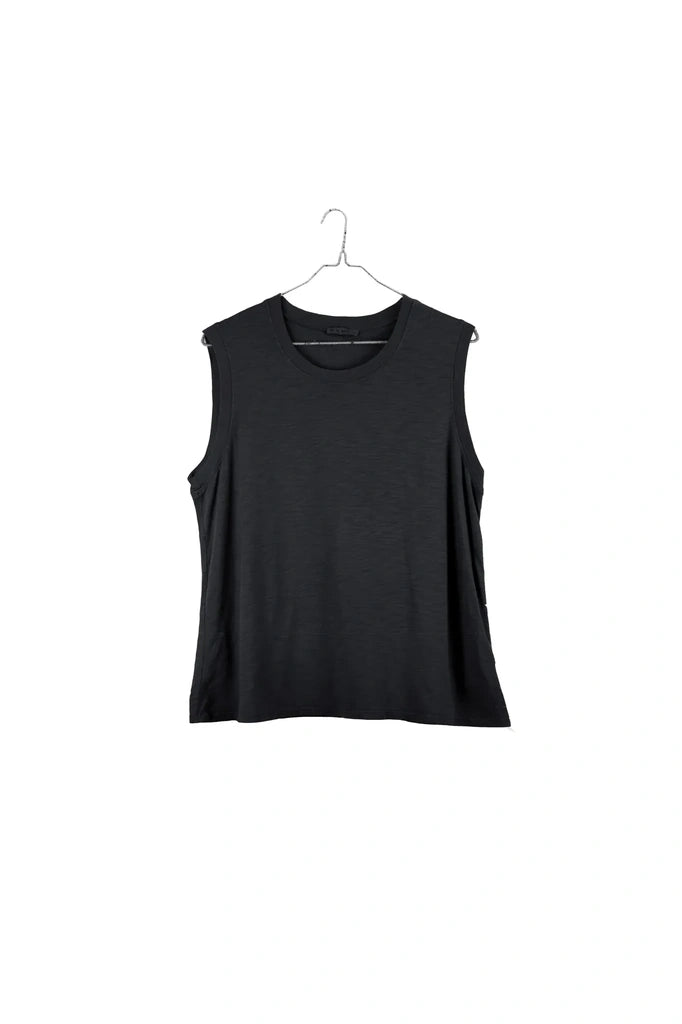 A black sleeveless cropped tank top hanging on a white hanger against a solid white background.