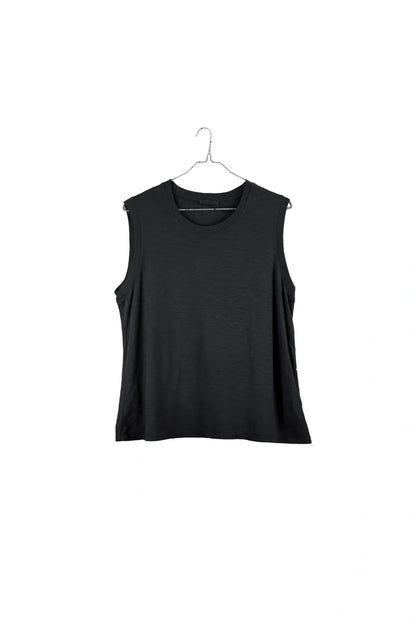 A black sleeveless cropped tank top hanging on a white hanger against a solid white background.