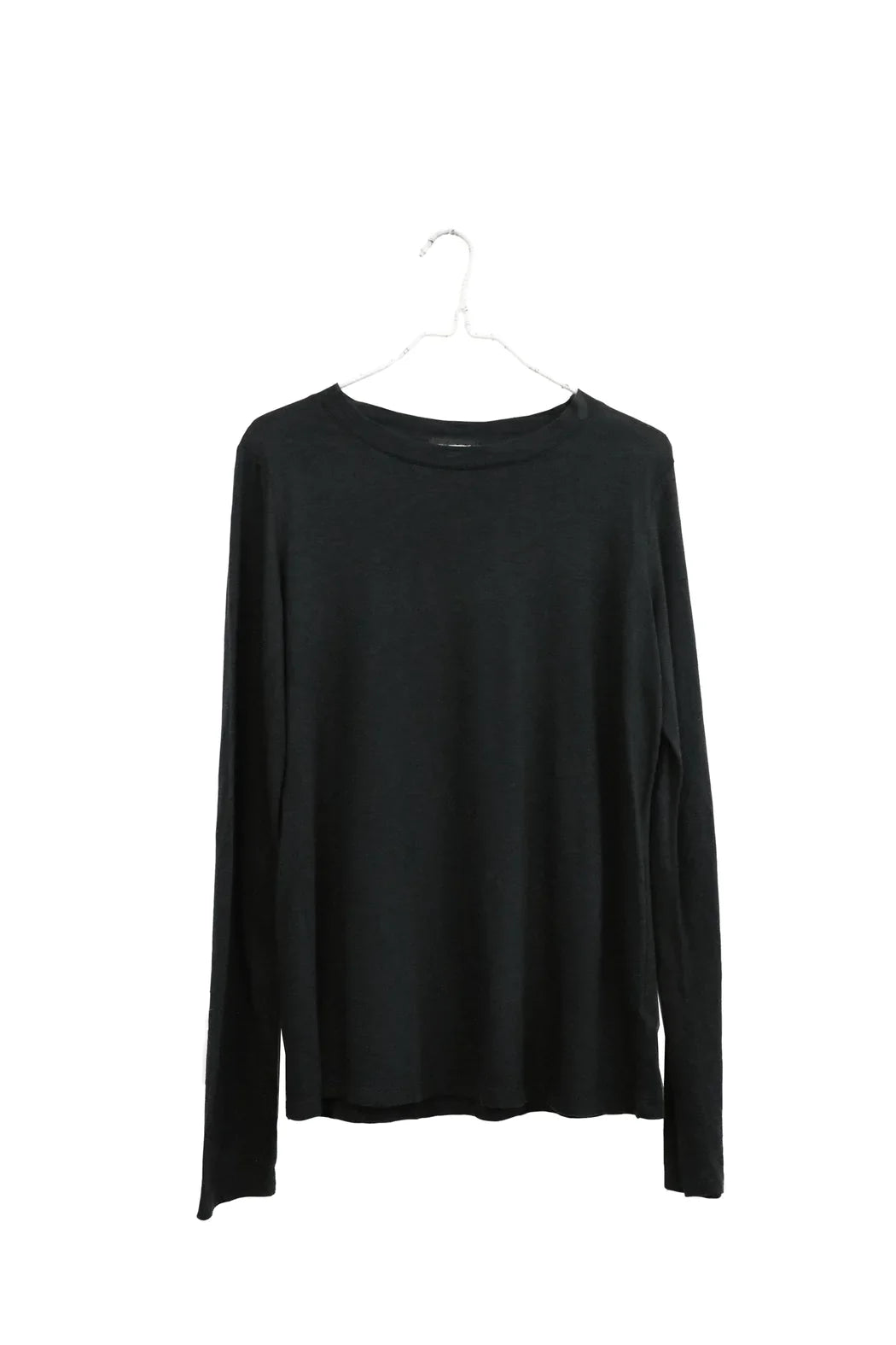 A black long-sleeve knit top with a wide boat neckline, hanging on a white plastic hanger against a plain white background.